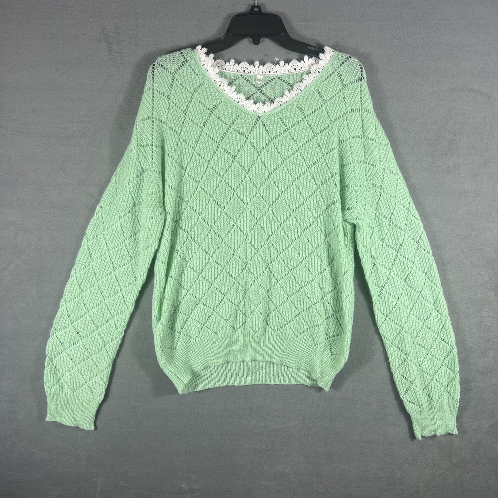 Women's XL Mint Green Open‎ Knit Sweater White Lace Trim V-Neck Pullover